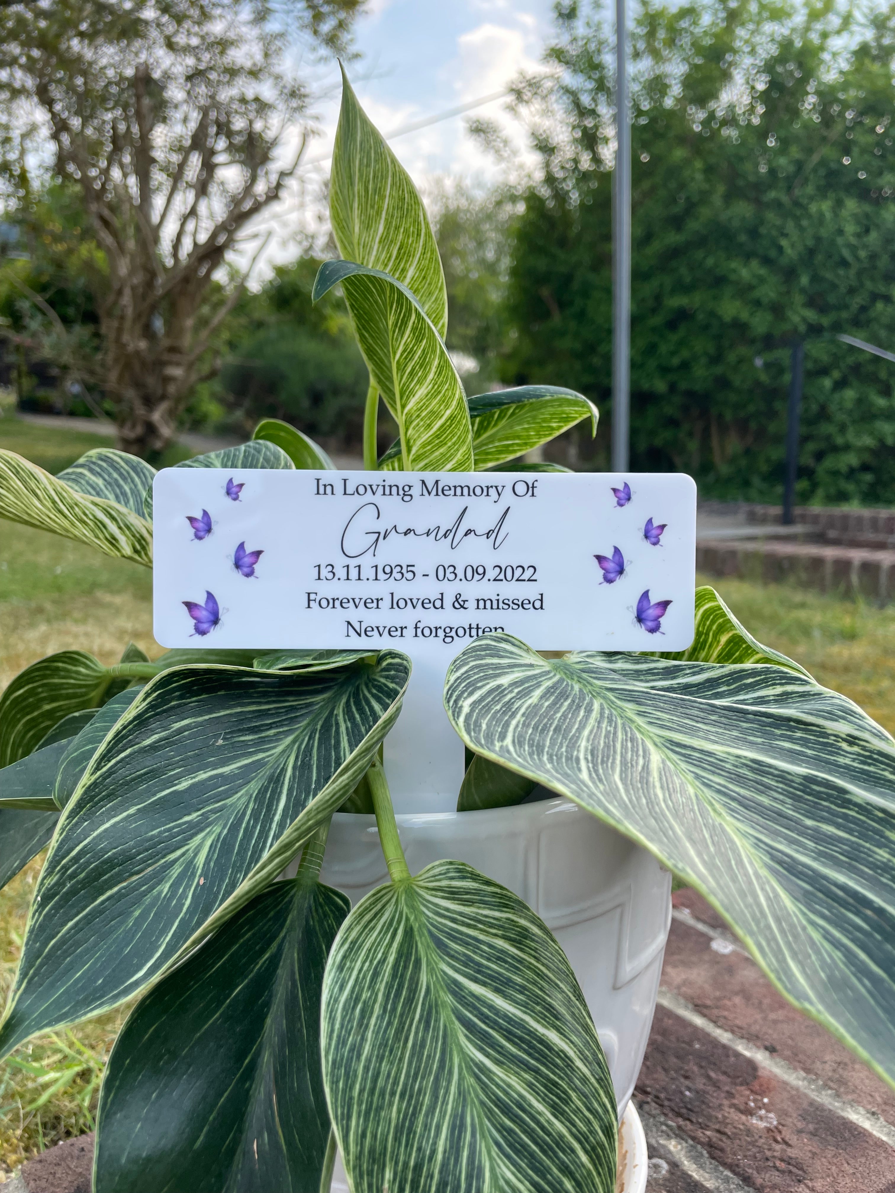 Acrylic Purple Butterflies plant pot memorial plaque