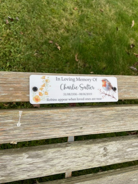 Acrylic bench Robin memorial plaque Cal