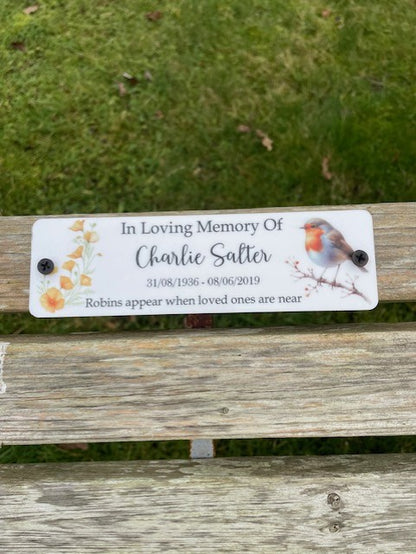 Acrylic bench Robin memorial plaque Cal