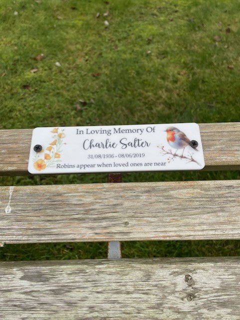 Acrylic bench Robin memorial plaque Cal