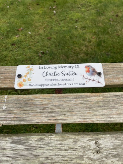Acrylic bench Robin memorial plaque Cal