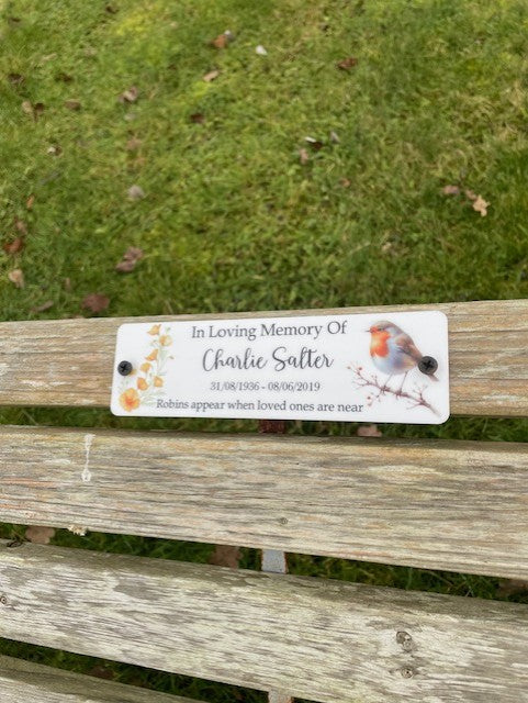 Acrylic bench Robin memorial plaque Cal