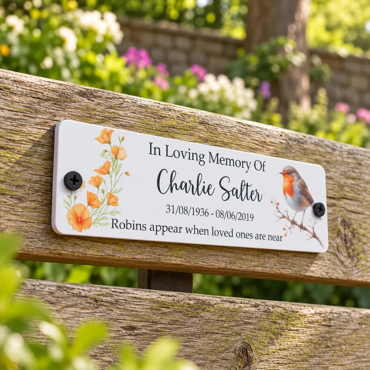 Acrylic bench Robin memorial plaque Cal