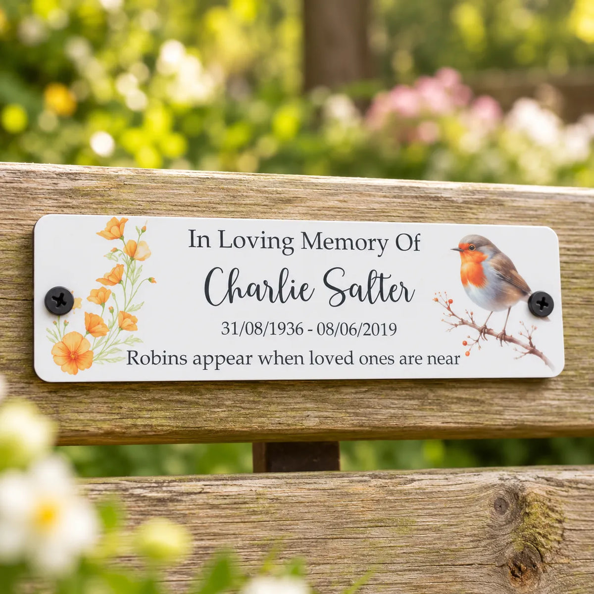 Acrylic bench Robin memorial plaque Cal