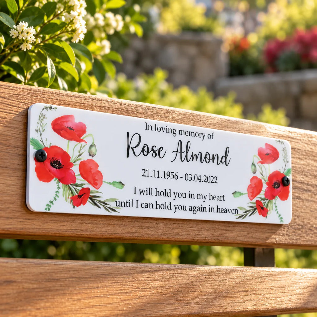 Acrylic poppy bench memorial plaque
