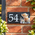 Number slate house sign floral highland cow small