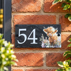 Number slate house sign floral highland cow small
