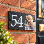 Number slate house sign floral highland cow small