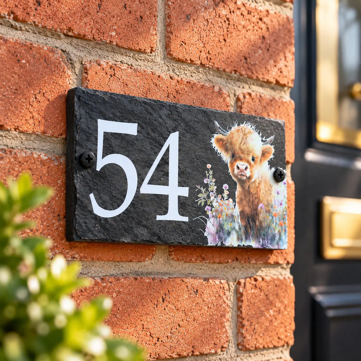 Number slate house sign floral highland cow small