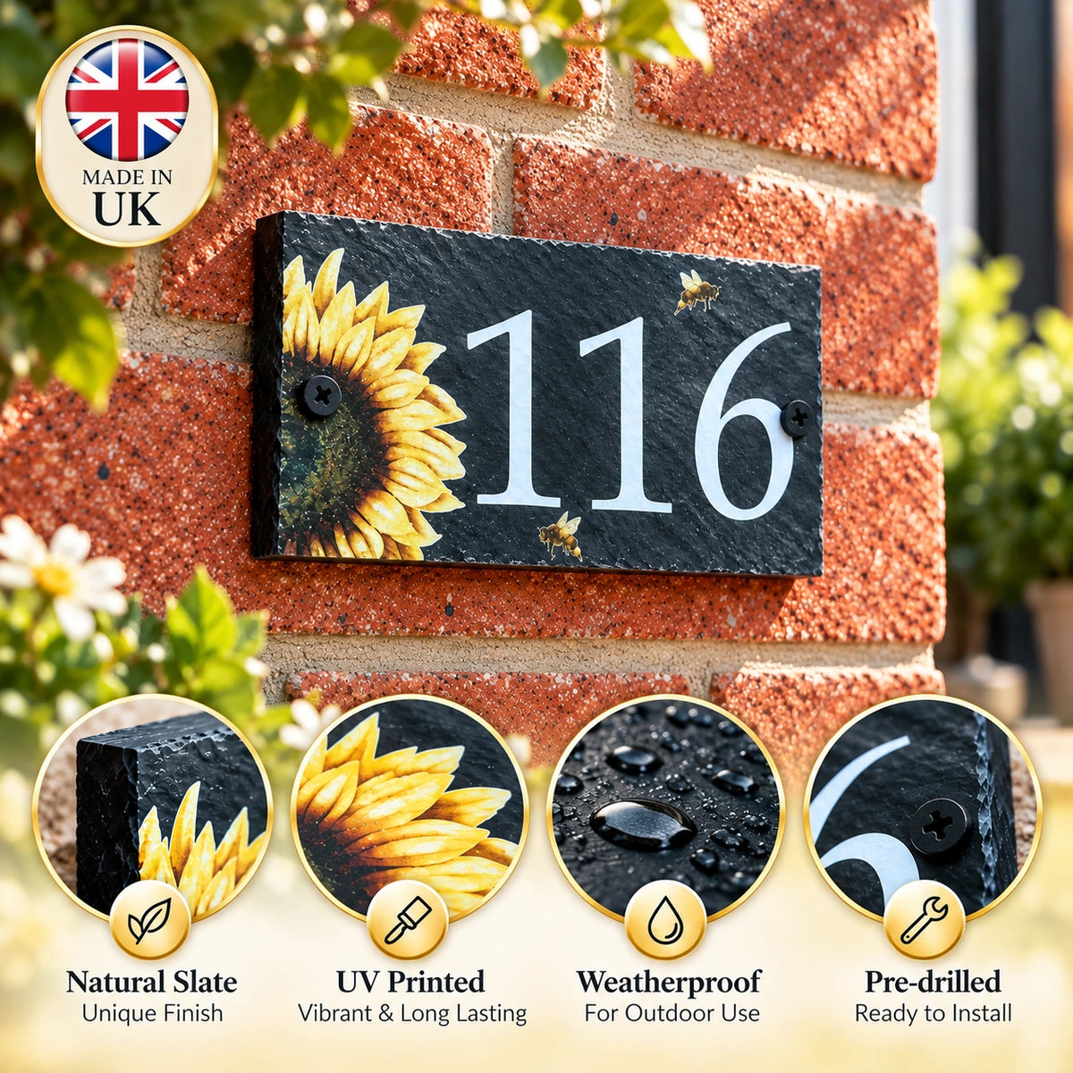 Number slate house sign sunflower small