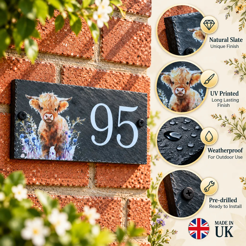 Number slate house sign highland cow floral small