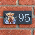 Number slate house sign highland cow floral small