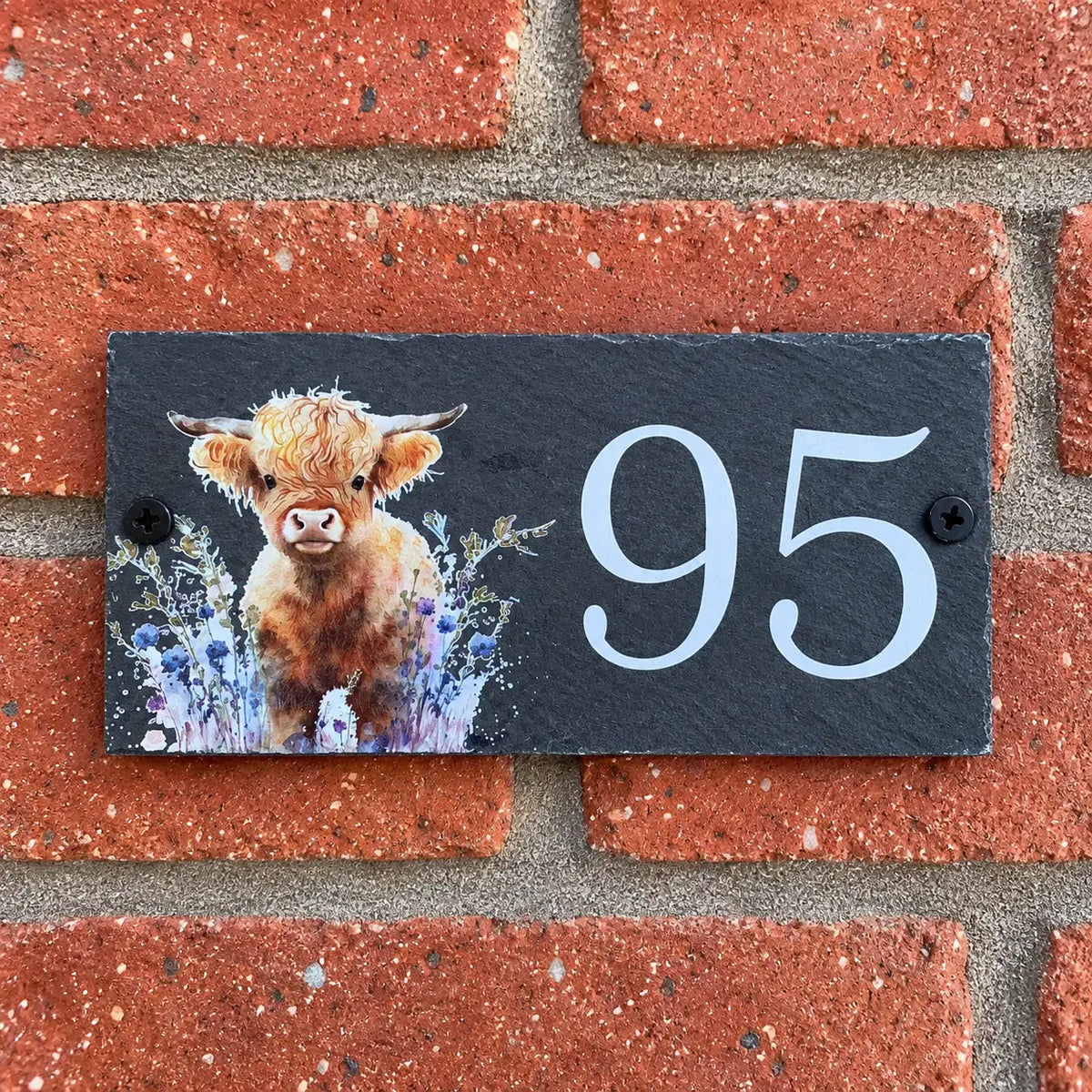 Number slate house sign highland cow floral small