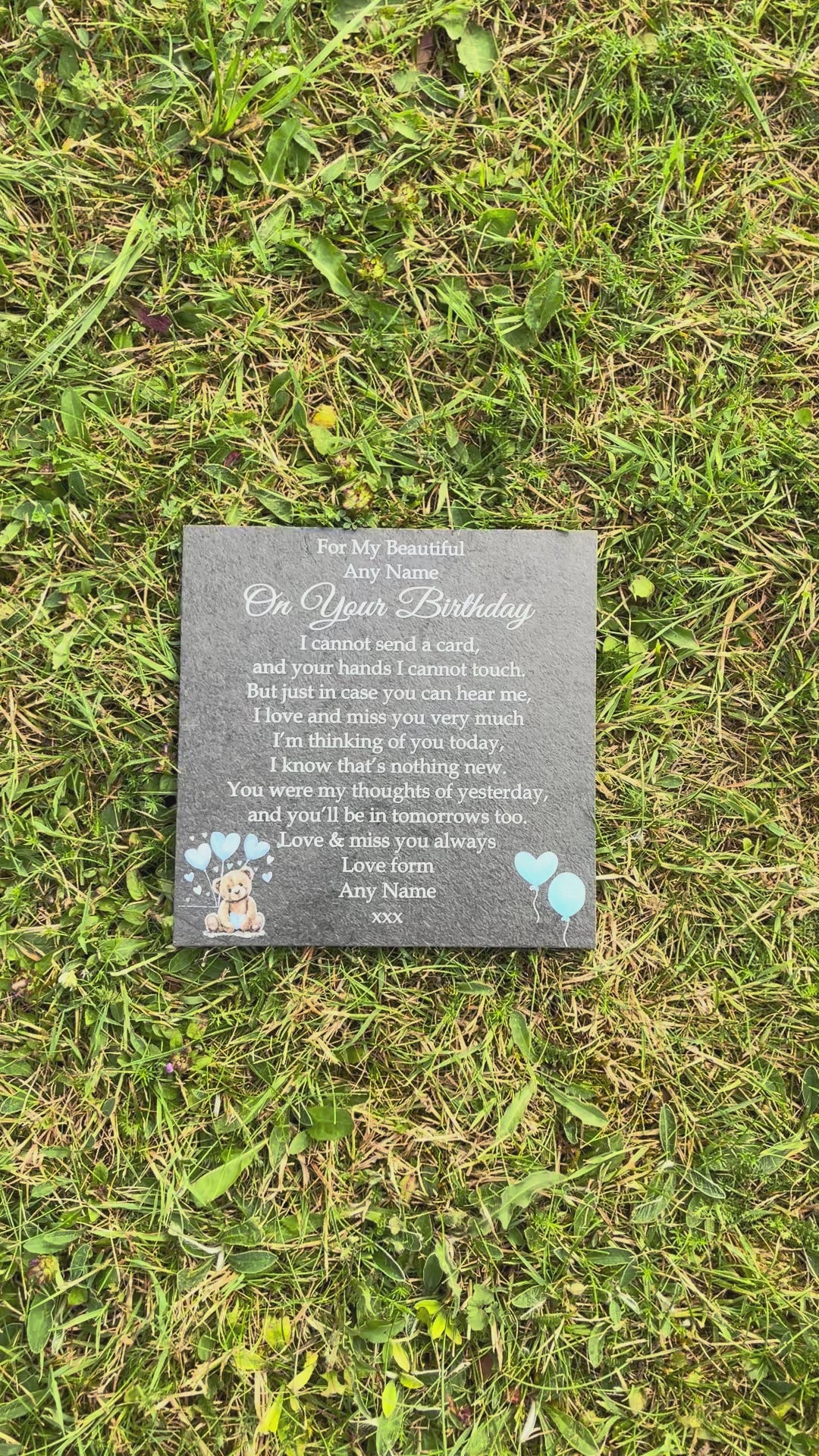 Bear Birthday Memorial plaque 3 Blue Balloons