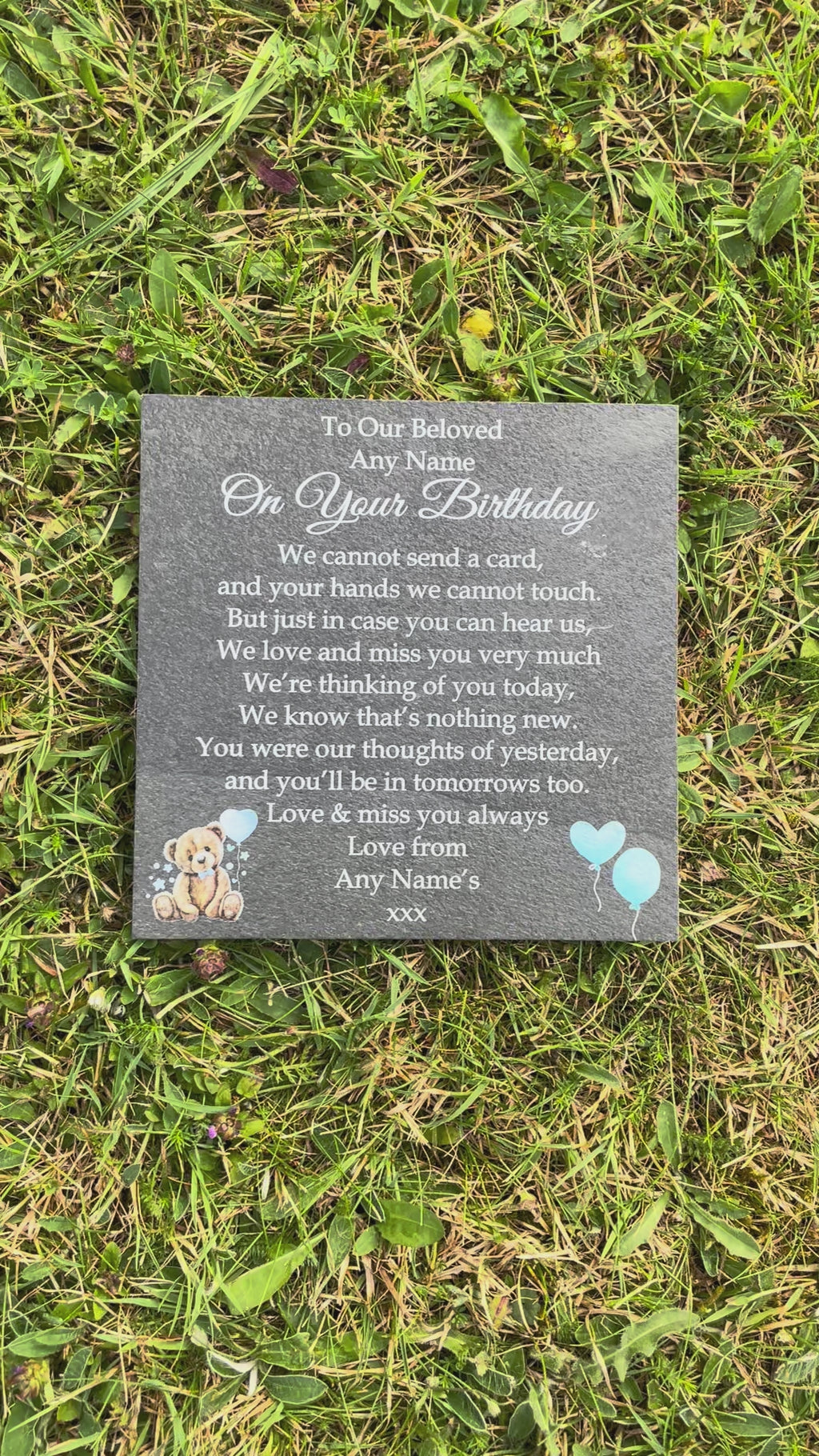Bear Birthday Memorial plaque Blue Balloons