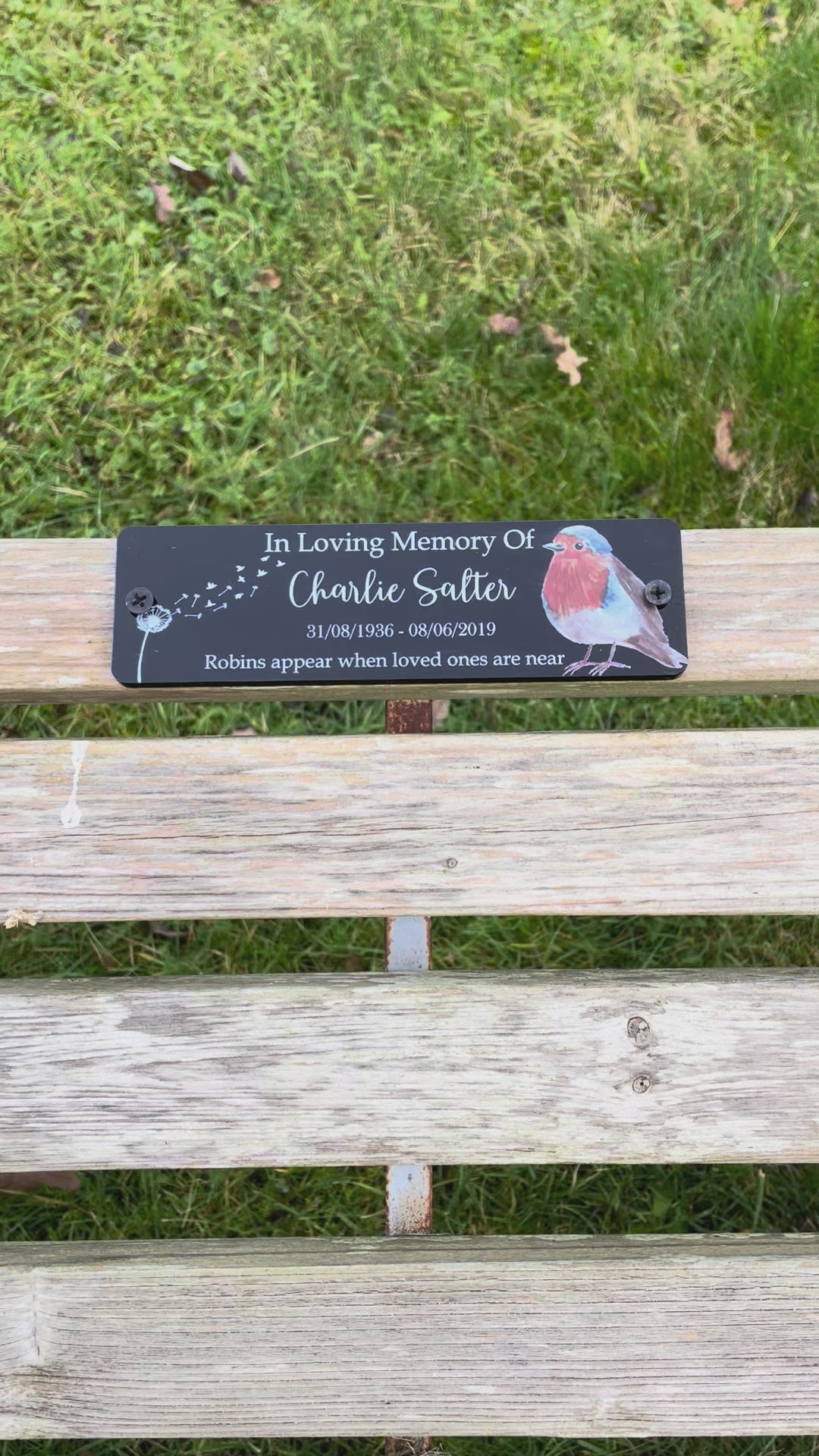 Acrylic robin bench black dandelion memorial plaque