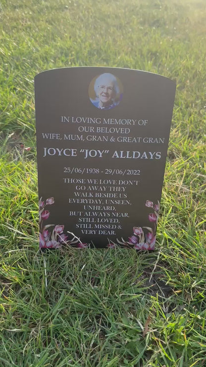 Floral temporary headstone with photo