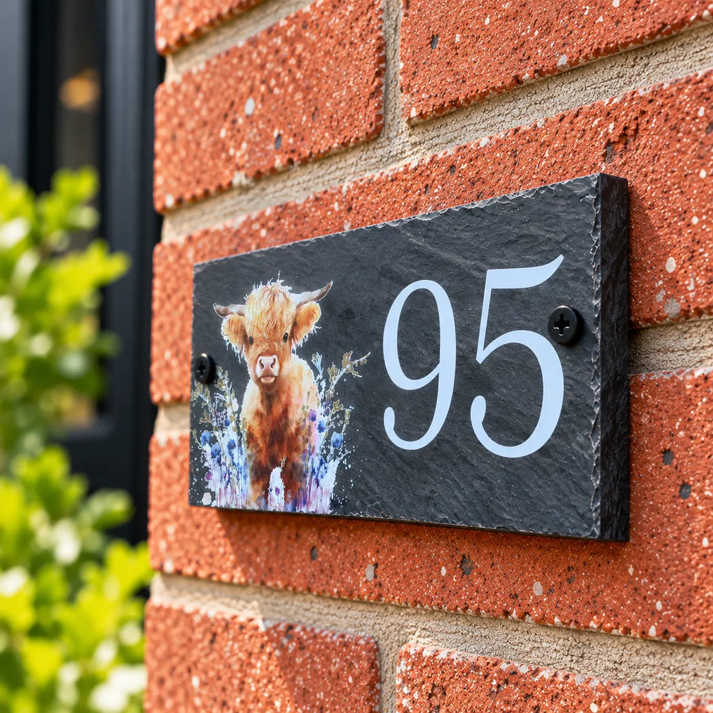 Number slate house sign highland cow floral small