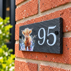 Number slate house sign highland cow floral small