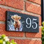 Number slate house sign highland cow floral small