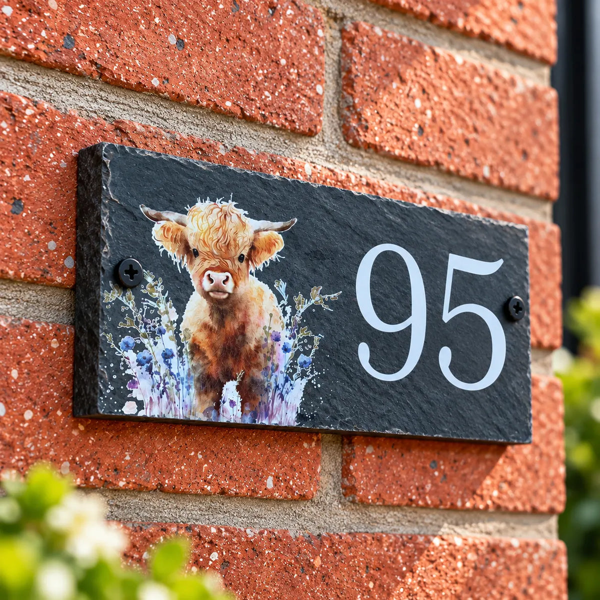 Number slate house sign highland cow floral small