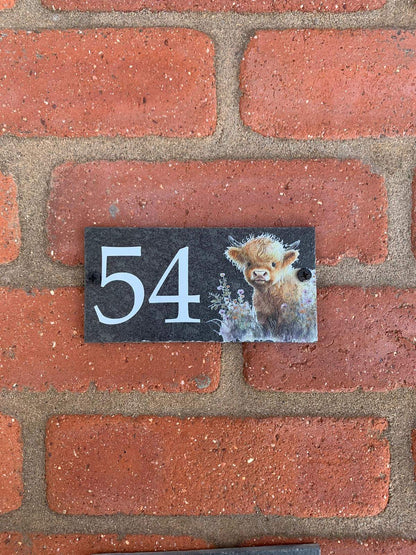 Number slate house sign floral highland cow small