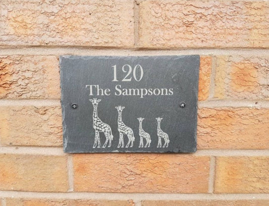 Giraffe family slate house sign