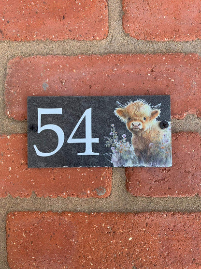 Number slate house sign floral highland cow small