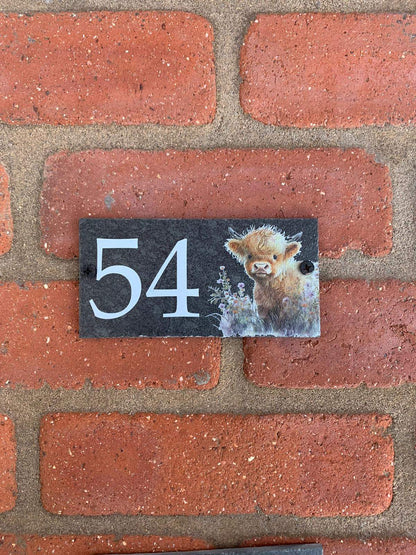 Number slate house sign floral highland cow small