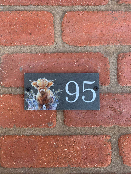 Number slate house sign highland cow floral small