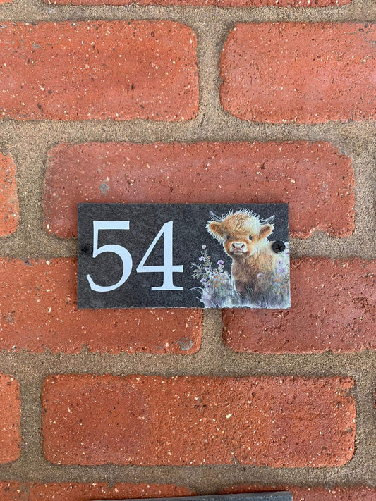 Number slate house sign floral highland cow small