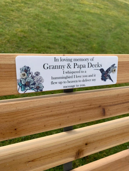 Acrylic hummingbird bench memorial plaque