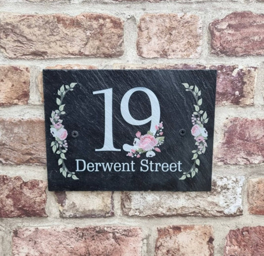 Floral slate house sign