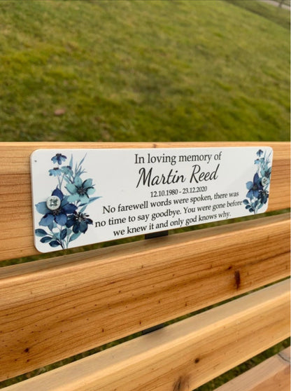 Acrylic blue floral  bench memorial plaque