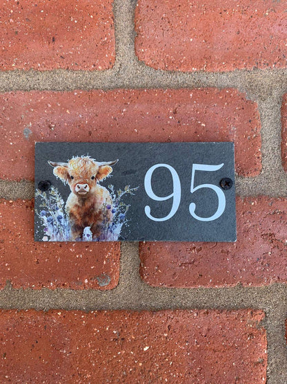 Number slate house sign highland cow floral small