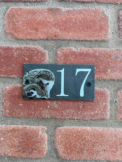 Number slate house sign hedgehog small