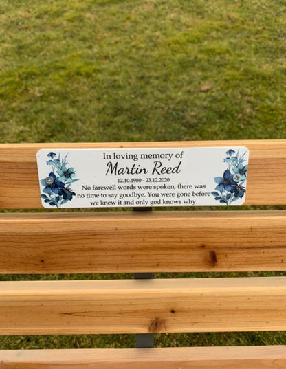 Acrylic blue floral  bench memorial plaque