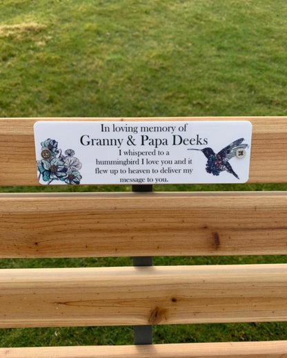 Acrylic hummingbird bench memorial plaque