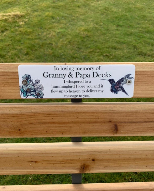 Acrylic hummingbird bench memorial plaque