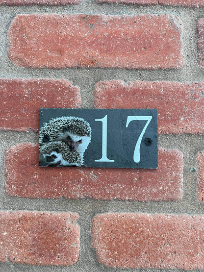 Number slate house sign hedgehog small