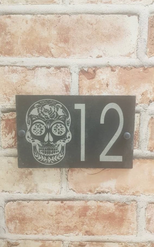 Skull slate house sign