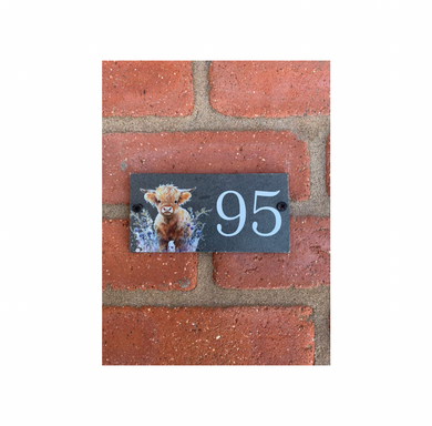 Number slate house sign highland cow floral small